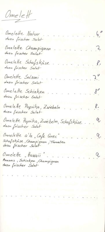 Speisekarte | Caf Grec | Innenansicht