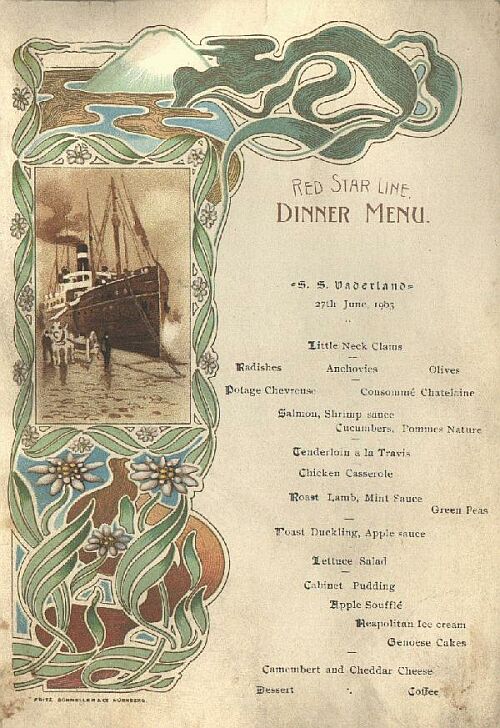 Speisekarte | Red Star Line - S. S. Vaderland | Außenansicht