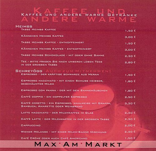 Speisekarte | Max am Markt | Innenansicht