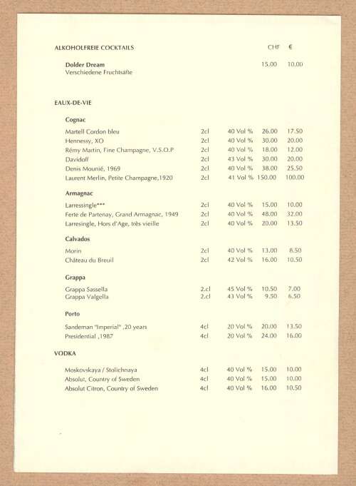 Speisekarte | Dolder Bar | Innenansicht