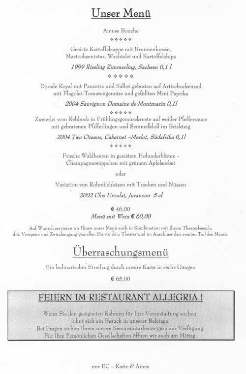 Speisekarte | Allegria | Innenansicht