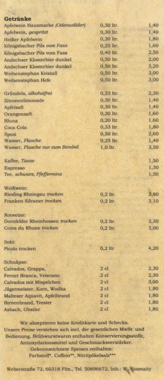 Speisekarte | Apfelweinwirtschaft Frank | Innenansicht
